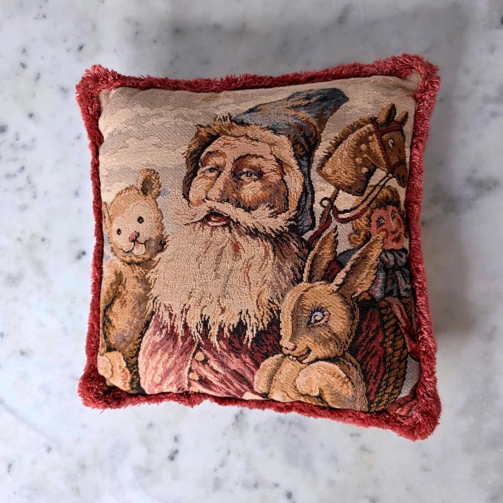 Vtg Christmas Santa Tapestry Throw Pillow Pink Fringe Velvet 10x10 in Victorian